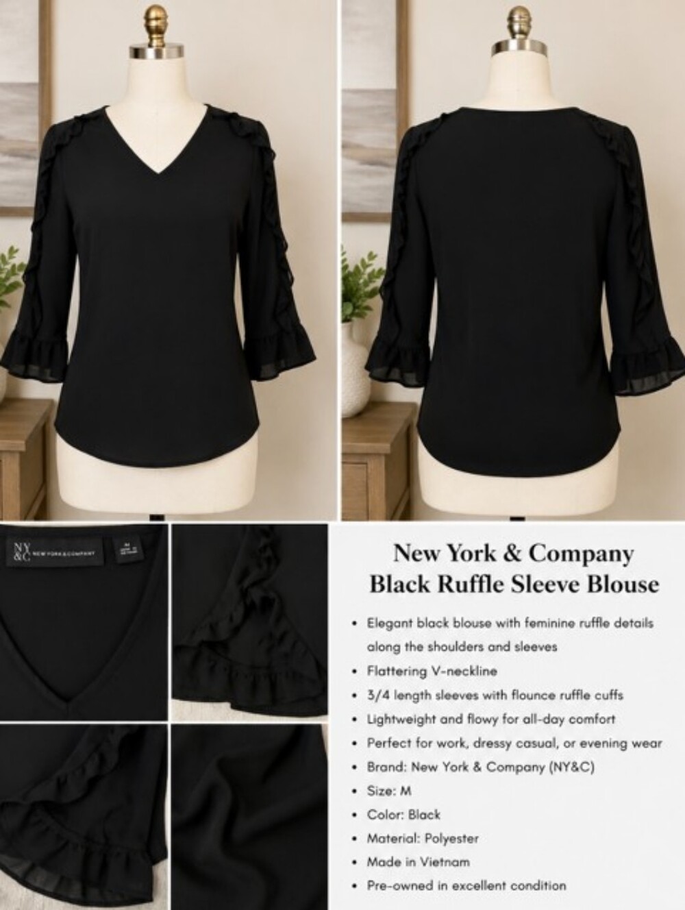 New York & Company Black Ruffle Sleeve V-neck Blouse M